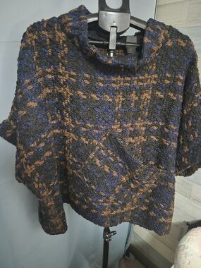Coco Carmen Plaid Knit Cowl Neck Poncho Sweater Kangaroo Pocket Blue OSFM
